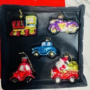 5 NEW Boxed Vintage Glass Ornament Set Train Car Motorcycle Santa Automobile Set